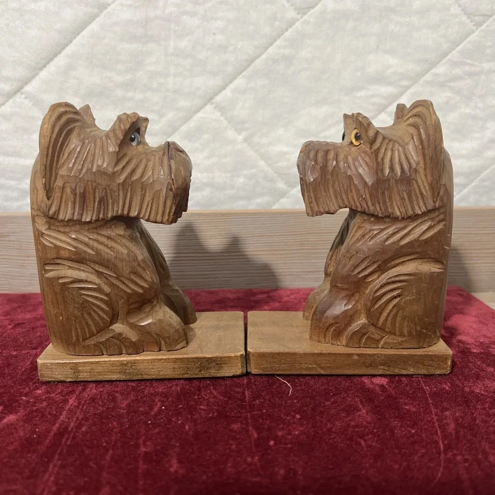 Vtg Terrier Dog Carved‎ Wood Bookends Made in Japan